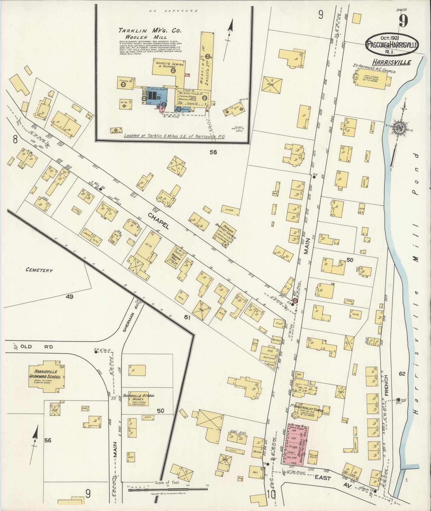 Sanborn Fire Insurance Map from Pascoag, Providence County, Rhode Island (1921), Sheet #0009 - Complete Map Set gallery image, historic Sanborn map, vintage wall art, Rhode Island Rhode Island