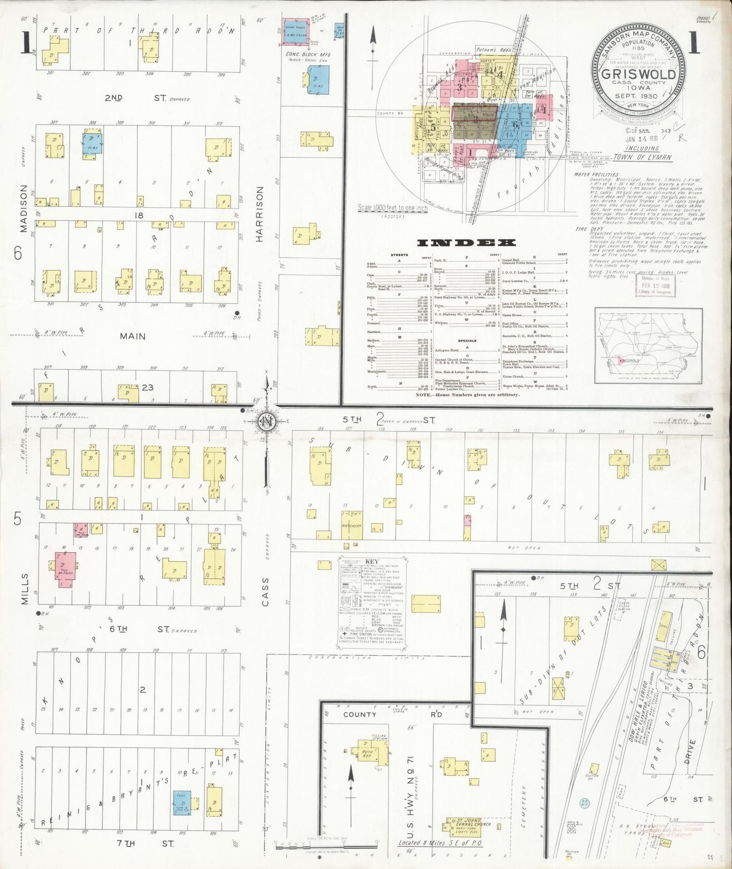 Sanborn Fire Insurance Map from Griswold, Cass County, Iowa (1930), Sheet #0001 - Historic Sanborn Fire Insurance Map Print, vintage old map wall art