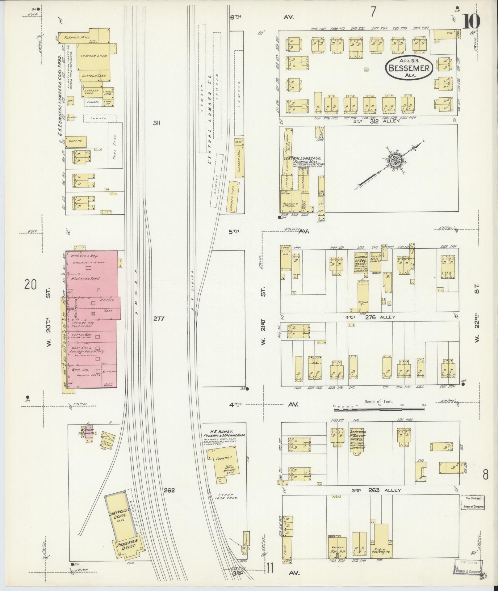 Sanborn Fire Insurance Map from Bessemer, Jefferson County, Alabama (1913), Sheet #0010 - Complete Map Set gallery image, historic Sanborn map, vintage wall art, Alabama Alabama