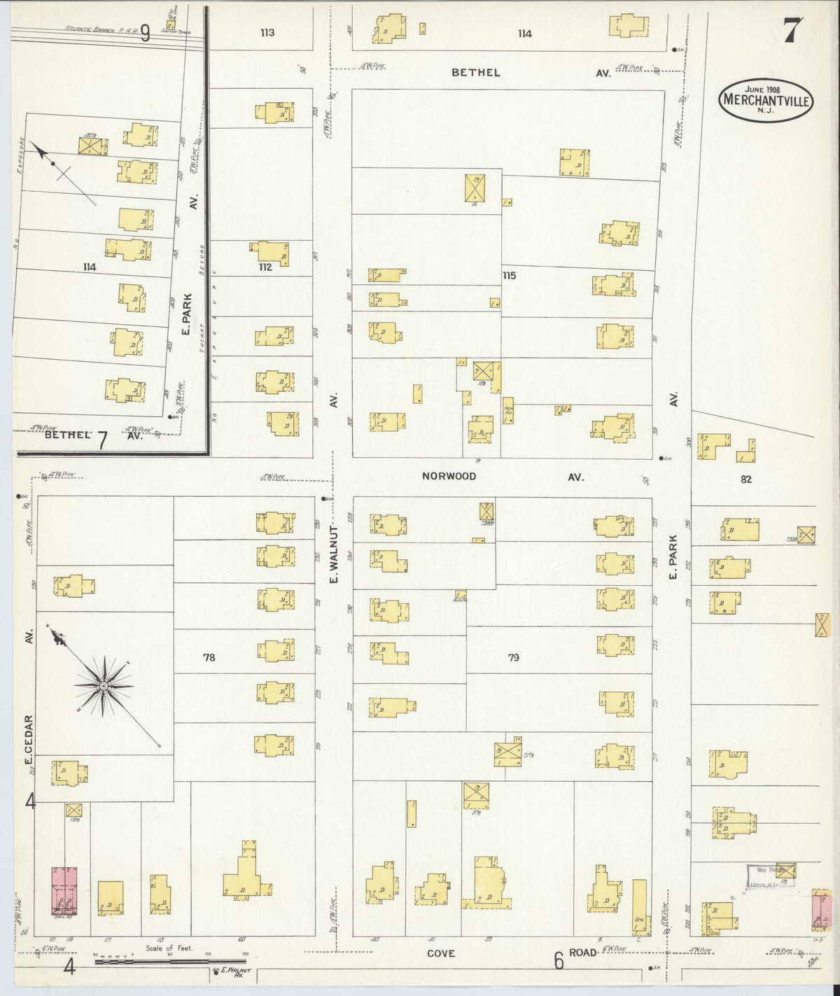Sanborn Fire Insurance Map from Merchantville, Camden County, New Jersey (1908), Sheet #0007 - Historic Sanborn Fire Insurance Map Print, vintage old map wall art, antique decor, genealogy gift, New Jersey New Jersey map