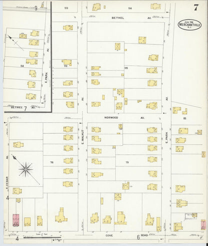 Sanborn Fire Insurance Map from Merchantville, Camden County, New Jersey (1908), Sheet #0007 - Historic Sanborn Fire Insurance Map Print, vintage old map wall art, antique decor, genealogy gift, New Jersey New Jersey map