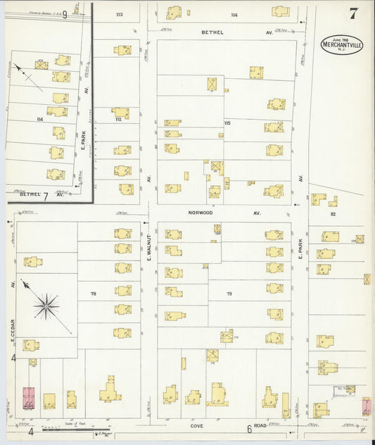 Sanborn Fire Insurance Map from Merchantville, Camden County, New Jersey (1908), Sheet #0007 - Historic Sanborn Fire Insurance Map Print, vintage old map wall art, antique decor, genealogy gift, New Jersey New Jersey map