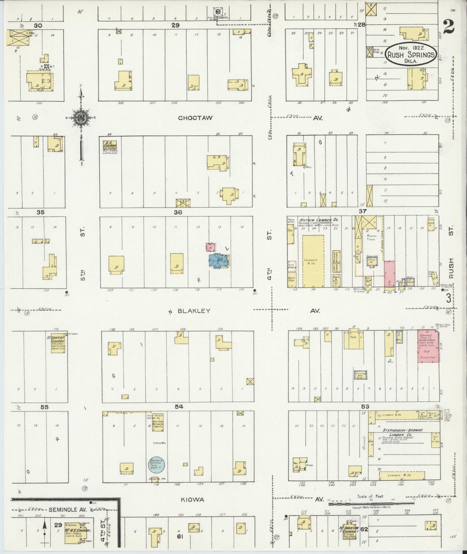 Sanborn Fire Insurance Map from Rush Springs, Grady County, Oklahoma (1922), Sheet #0002 - Complete Map Set gallery image, historic Sanborn map, vintage wall art, Oklahoma Oklahoma