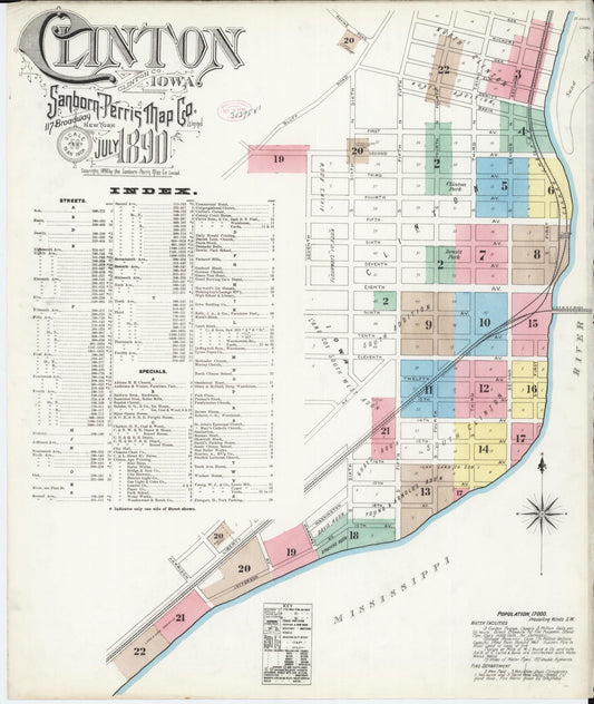 Sanborn Fire Insurance Map from Clinton, Clinton County, Iowa (1890), Sheet #0001 - Historic Sanborn Fire Insurance Map Print, vintage old map wall art