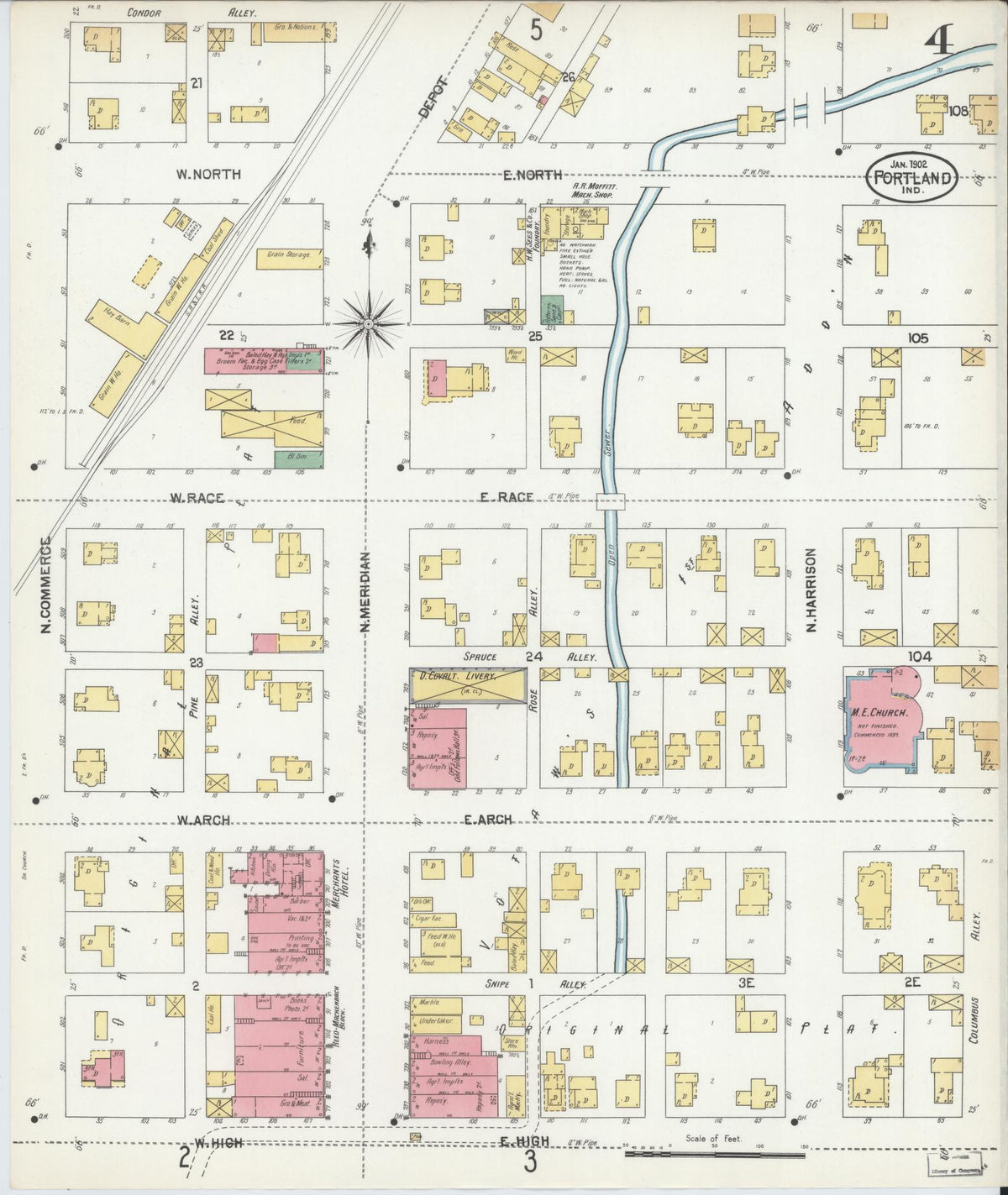 Sanborn Fire Insurance Map from Portland, Jay County, Indiana (1902), Sheet #0004 - Historic Sanborn Fire Insurance Map Print, vintage old map wall art, antique decor, genealogy gift, Indiana Indiana map