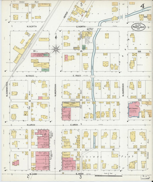 Sanborn Fire Insurance Map from Portland, Jay County, Indiana (1902), Sheet #0004 - Historic Sanborn Fire Insurance Map Print, vintage old map wall art, antique decor, genealogy gift, Indiana Indiana map