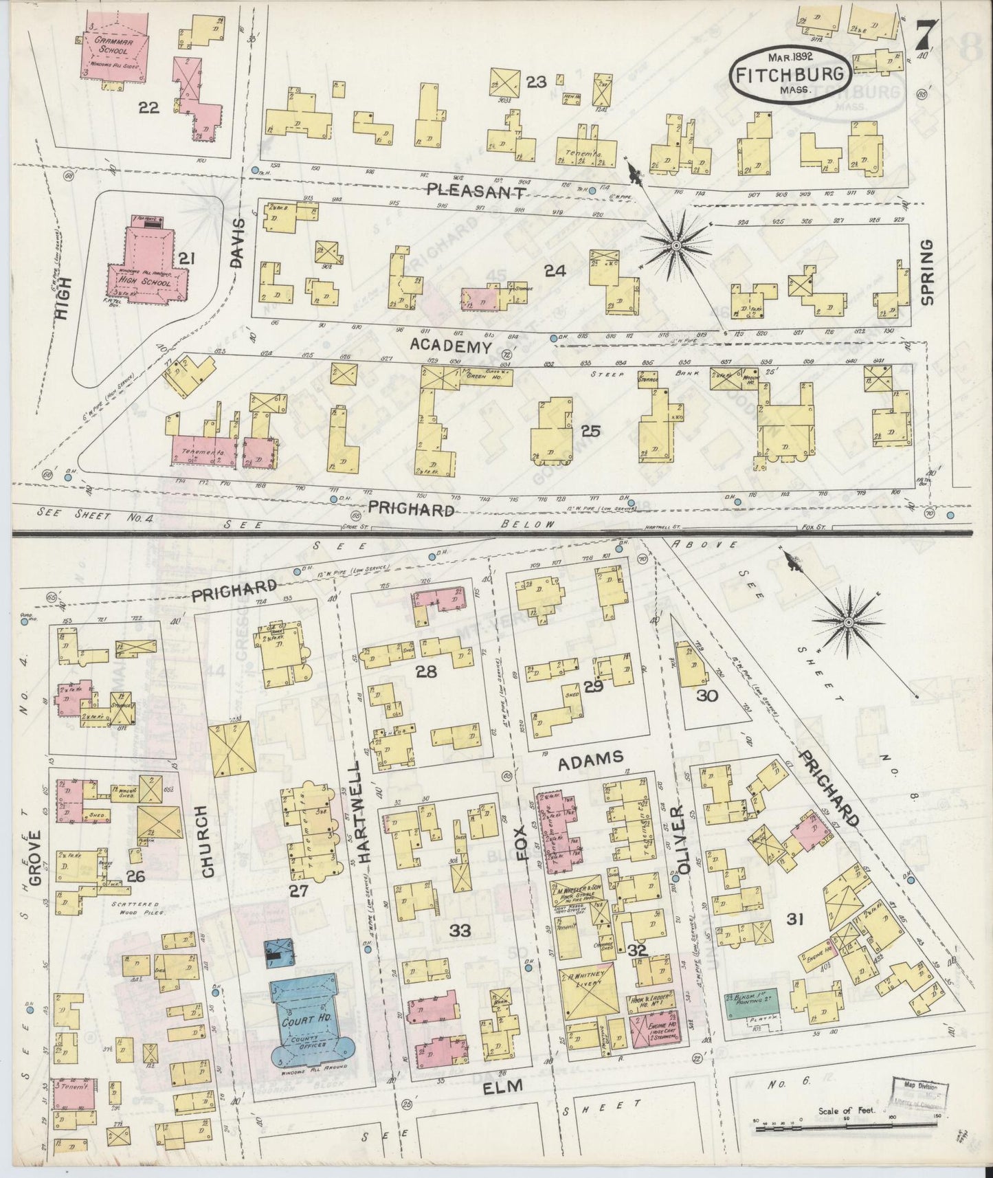 Sanborn Fire Insurance Map from Fitchburg, Worcester County, Massachusetts (1892), Sheet #0007 - Complete Map Set gallery image, historic Sanborn map, vintage wall art, Massachusetts Massachusetts