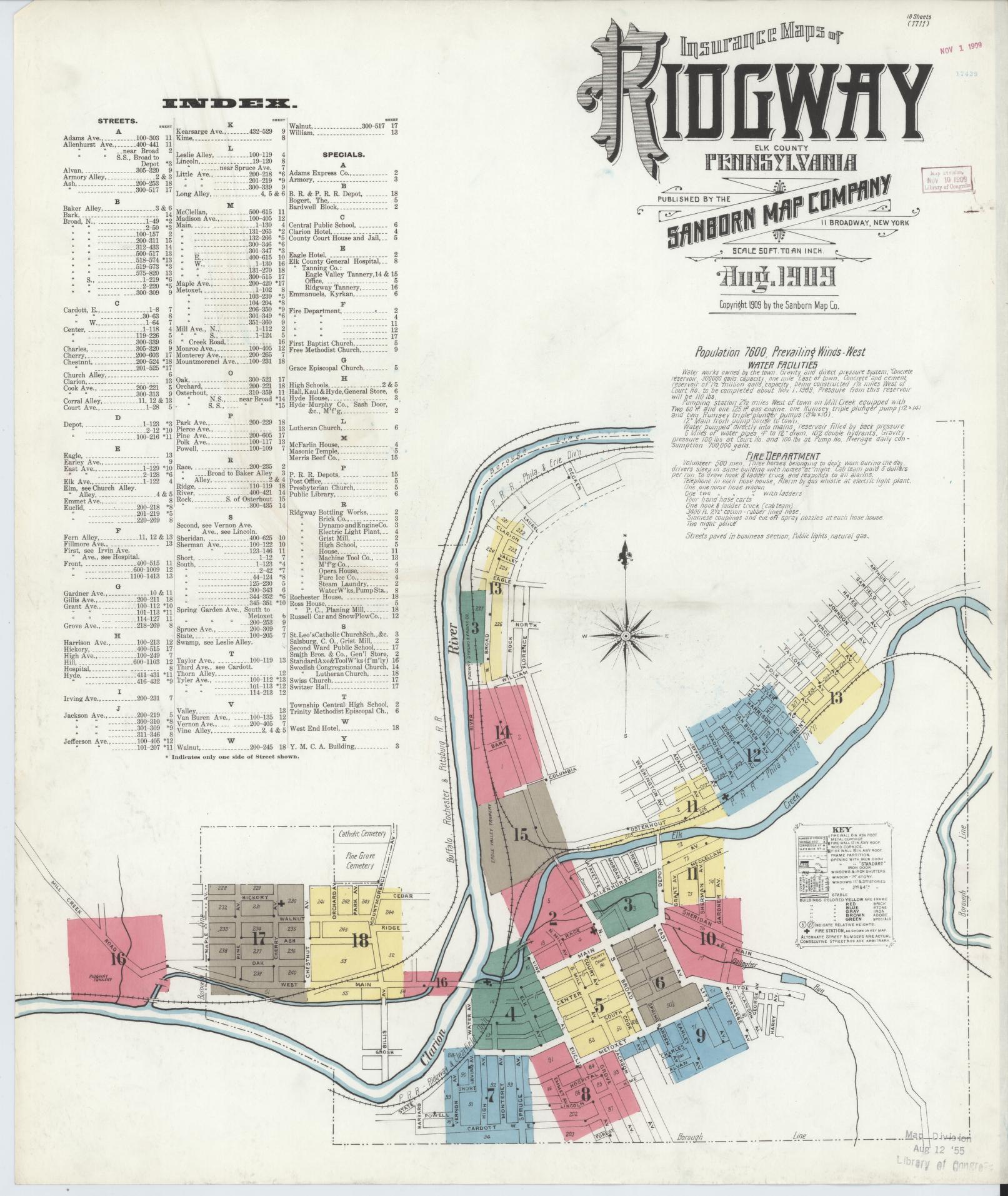 Sanborn Fire Insurance Map from Ridgway, Elk County, Pennsylvania (1909), Sheet #0001 - Complete Map Set gallery image, historic Sanborn map, vintage wall art, Pennsylvania Pennsylvania