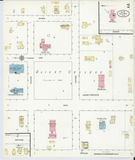 Sanborn Fire Insurance Map from Olivet, Eaton County, Michigan (1911), Sheet #0002 - Historic Sanborn Fire Insurance Map Print, vintage old map wall art, antique decor, genealogy gift, Michigan Michigan map