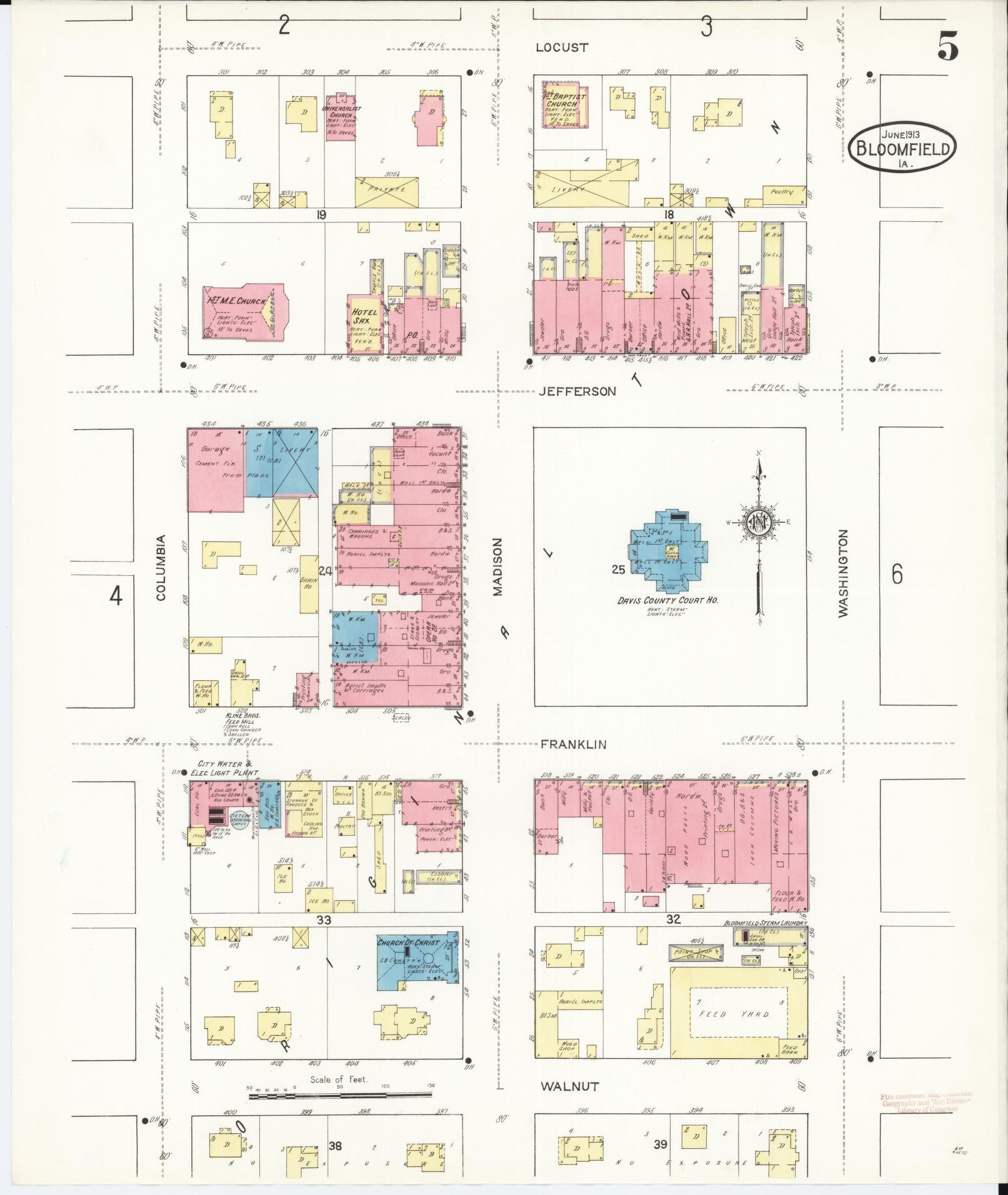 Sanborn Fire Insurance Map from Bloomfield, Davis County, Iowa (1913), Sheet #0005 - Historic Sanborn Fire Insurance Map Print, vintage old map wall art