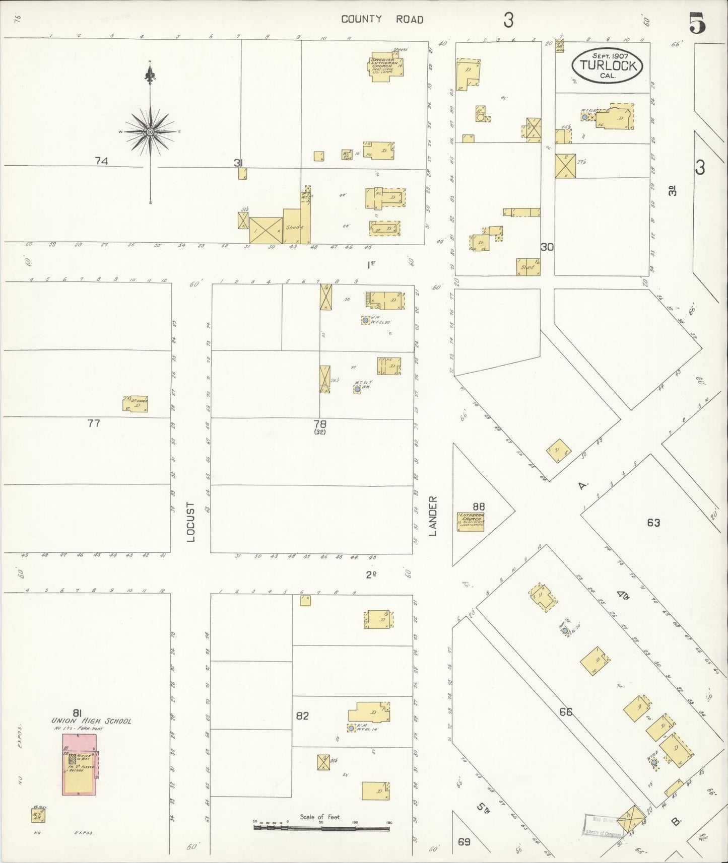 Sanborn Fire Insurance Map from Turlock, Stanislaus County, California (1907), Sheet #0005 - Complete Map Set gallery image, historic Sanborn map, vintage wall art, California California