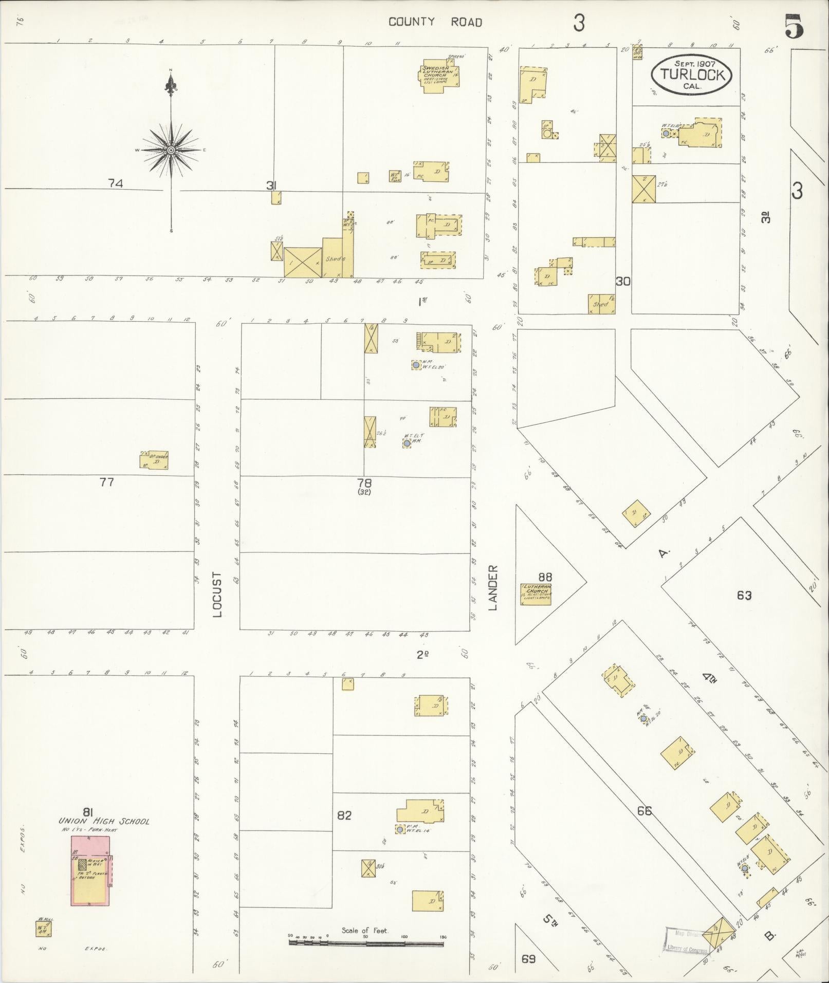 Sanborn Fire Insurance Map from Turlock, Stanislaus County, California (1907), Sheet #0005 - Complete Map Set gallery image, historic Sanborn map, vintage wall art, California California