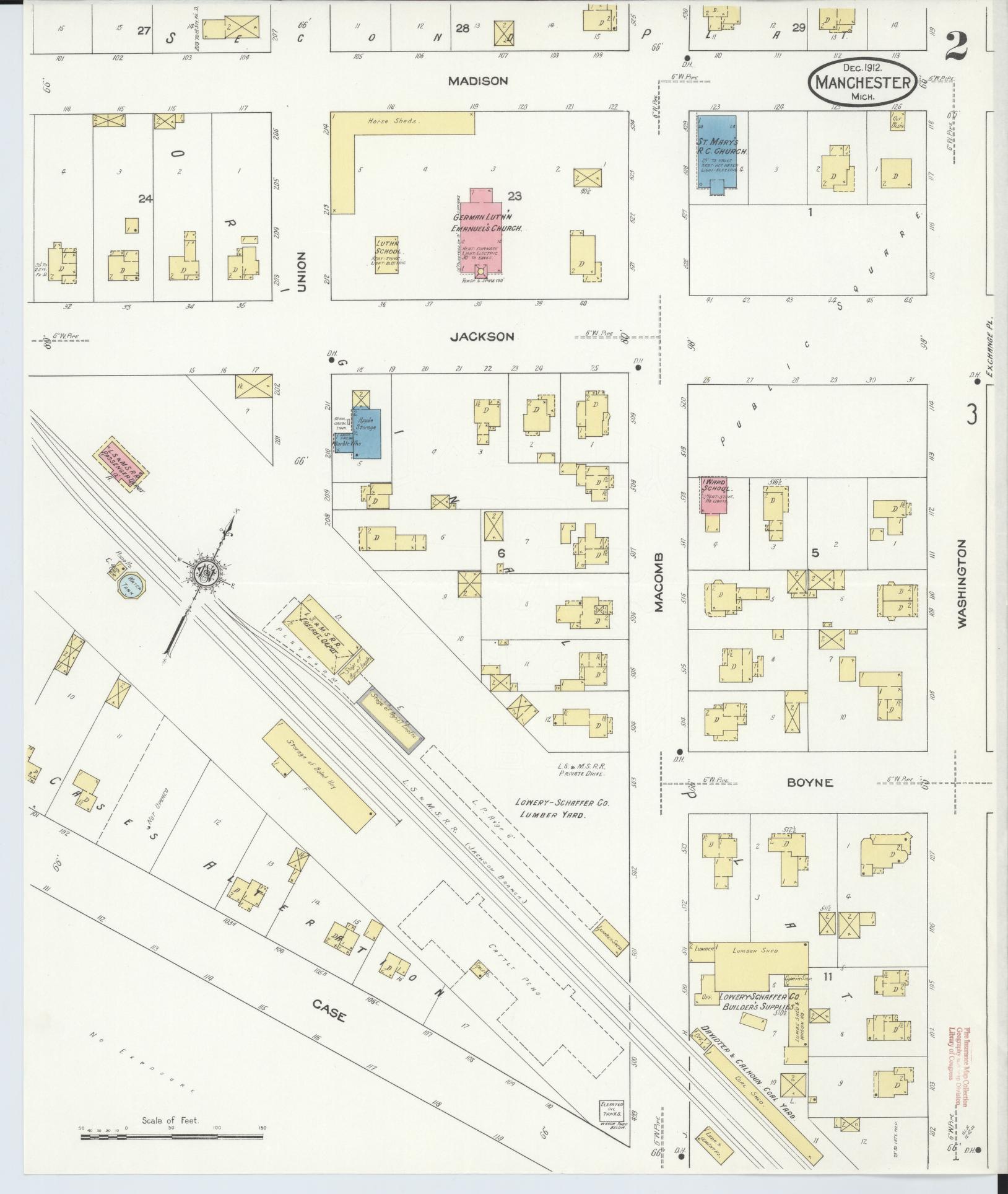 Sanborn Fire Insurance Map from Manchester, Washtenaw County, Michigan (1912), Sheet #0002 - Complete Map Set gallery image, historic Sanborn map, vintage wall art, Michigan Michigan