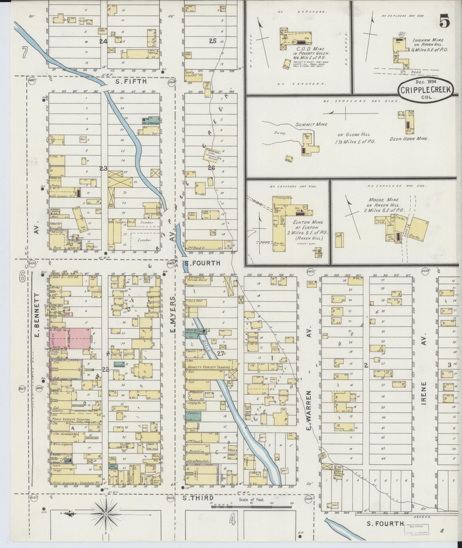Sanborn Fire Insurance Map from Cripple Creek, Teller County, Colorado (1894), Sheet #0005 - Historic Sanborn Fire Insurance Map Print, vintage old map wall art, antique decor, genealogy gift, Colorado Colorado map