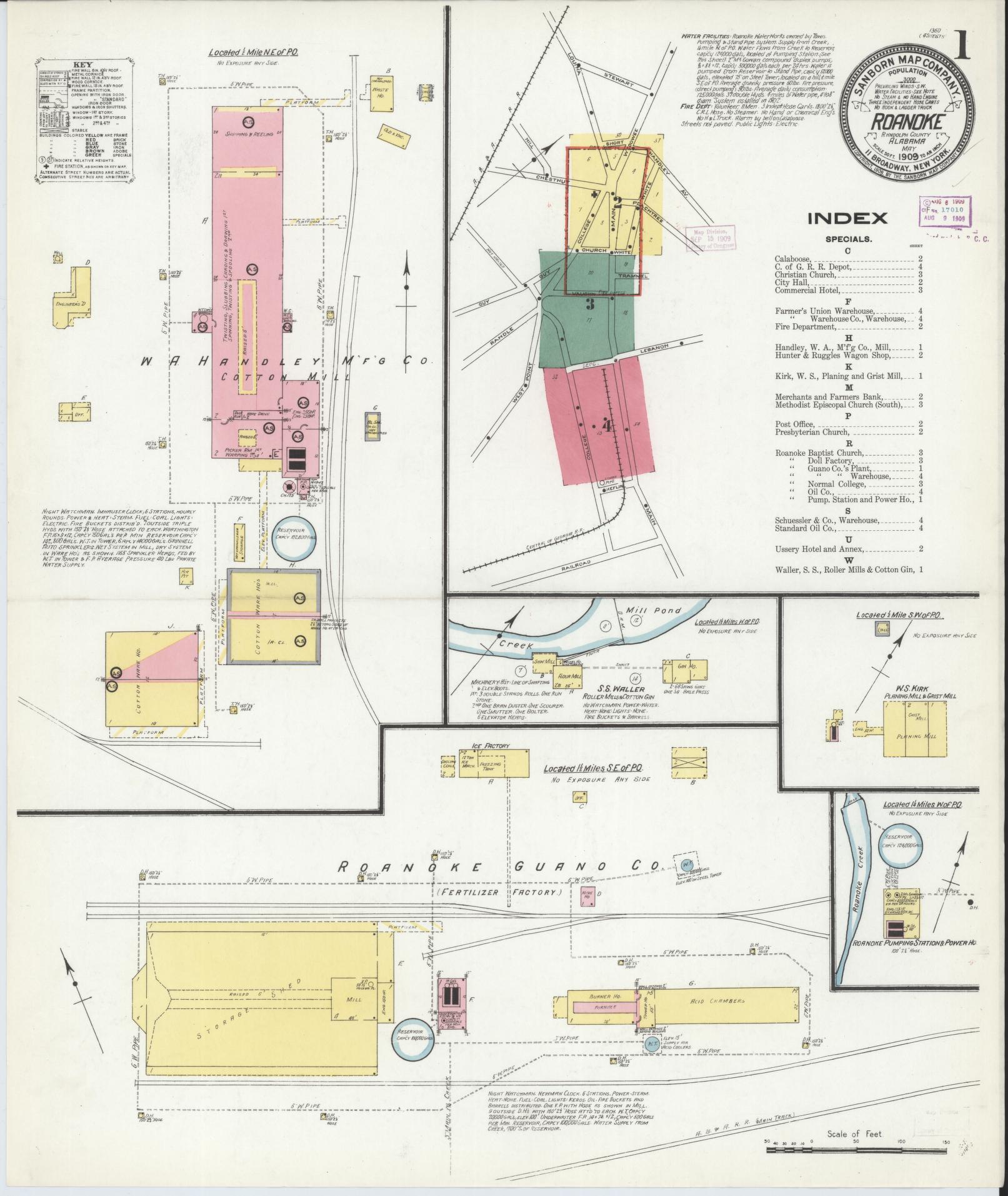 Sanborn Fire Insurance Map from Roanoke, Randolph County, Alabama (1909), Sheet #0001 - Complete Map Set gallery image, historic Sanborn map, vintage wall art, Alabama Alabama