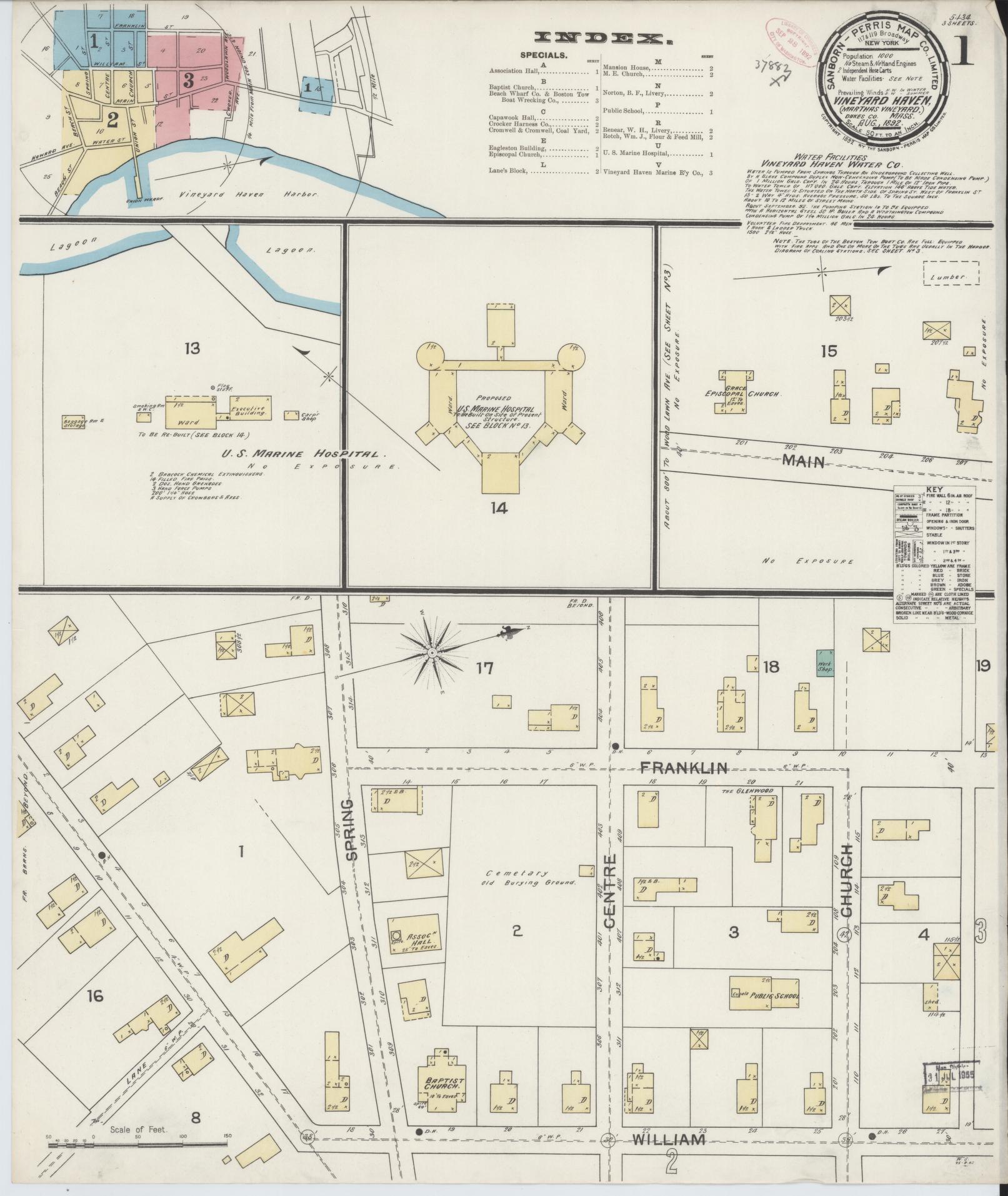 Sanborn Fire Insurance Map from Vineyard Haven, Dukes County, Massachusetts (1892), Sheet #0001 - Historic Sanborn Fire Insurance Map Print, vintage old map wall art, antique decor, genealogy gift, Massachusetts Massachusetts map
