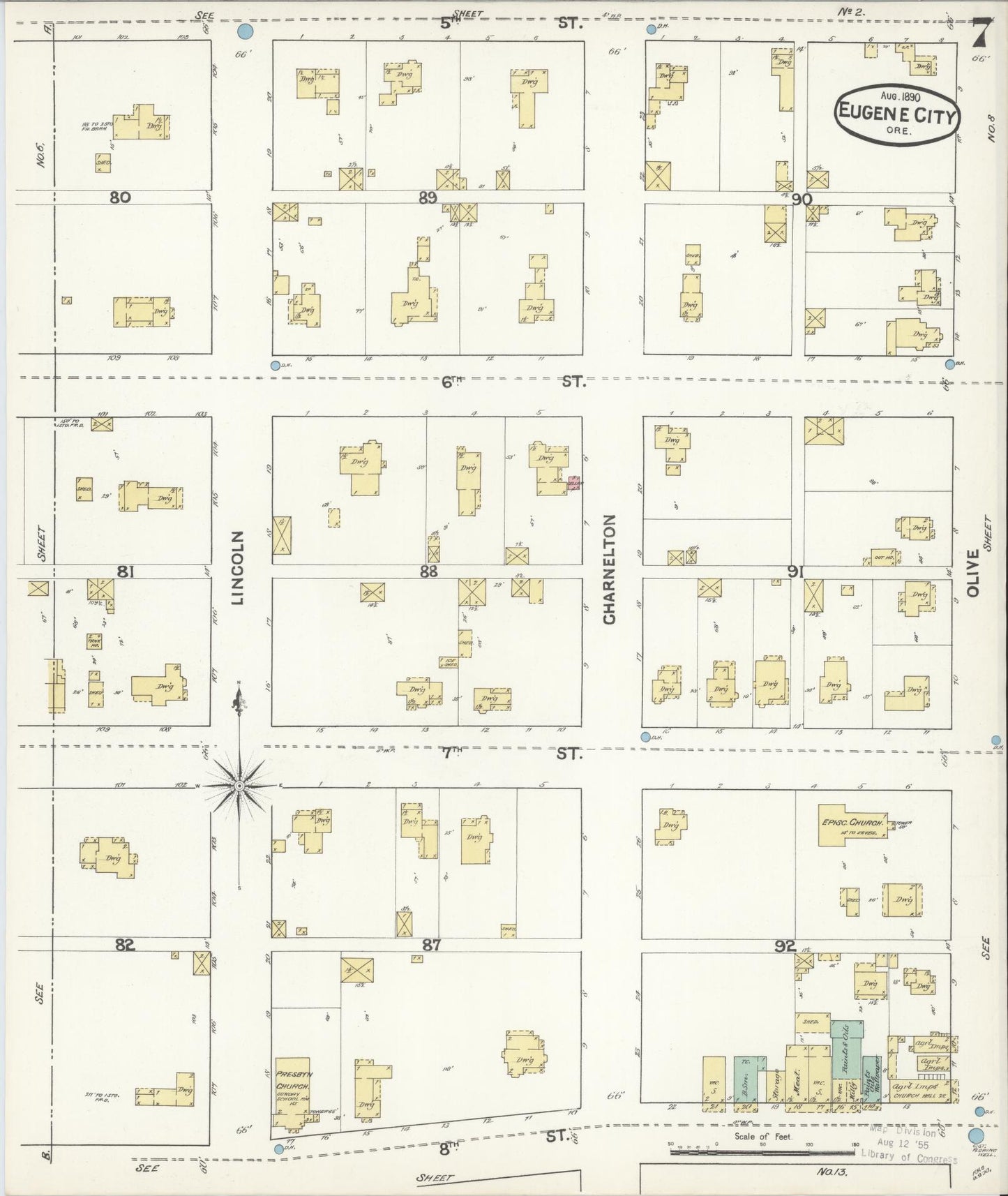 Sanborn Fire Insurance Map from Eugene, Lane County, Oregon (1890), Sheet #0007 - Complete Map Set gallery image, historic Sanborn map, vintage wall art, Oregon Oregon