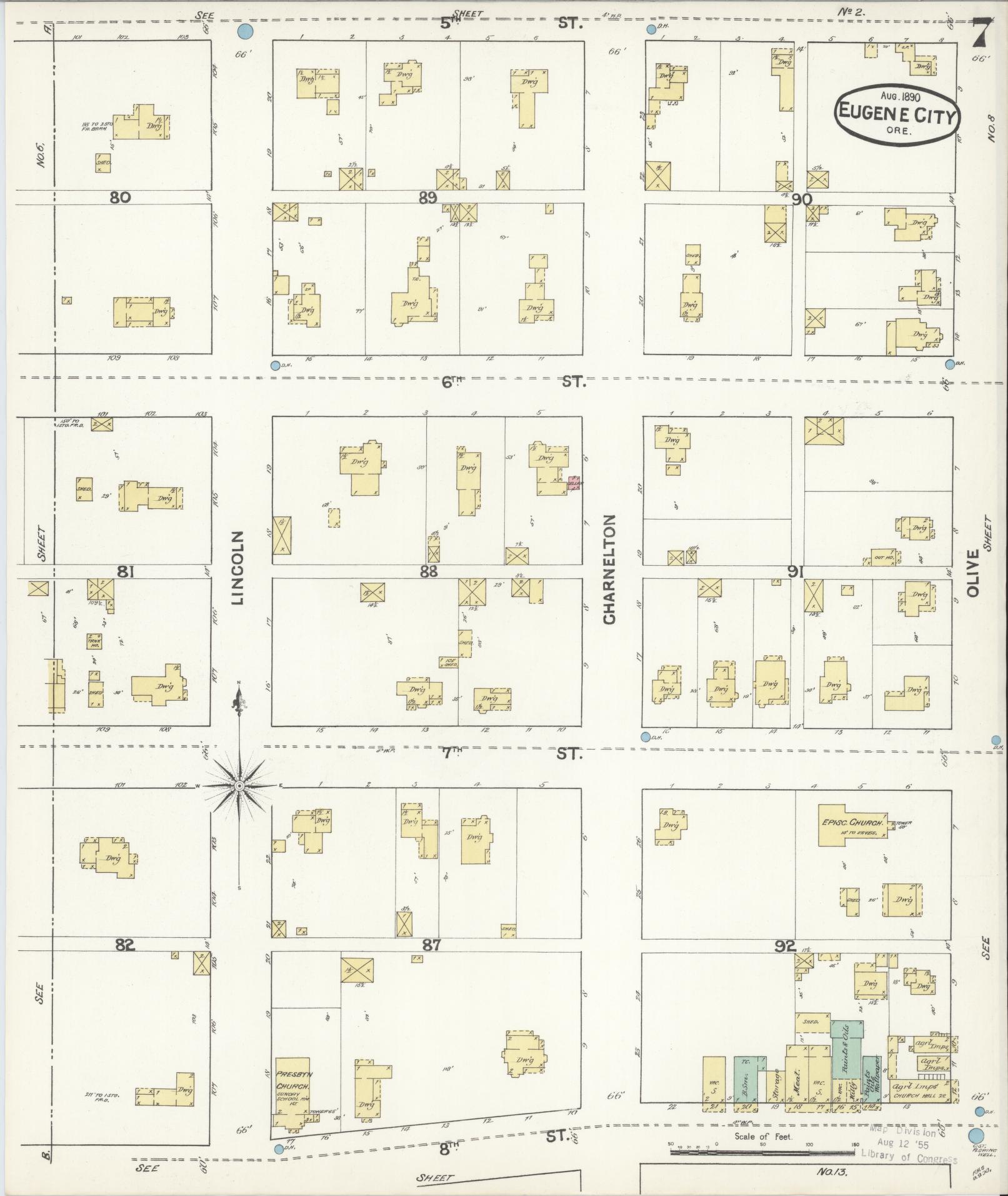 Sanborn Fire Insurance Map from Eugene, Lane County, Oregon (1890), Sheet #0007 - Complete Map Set gallery image, historic Sanborn map, vintage wall art, Oregon Oregon