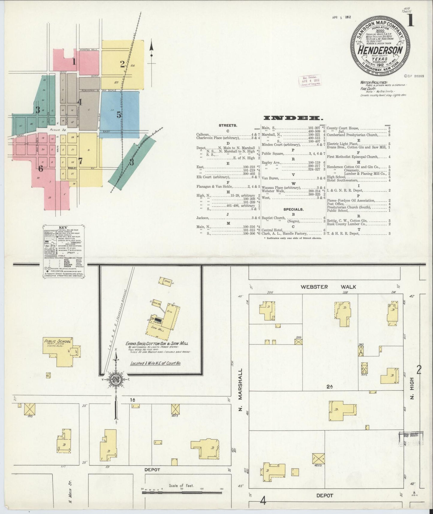 Sanborn Fire Insurance Map from Henderson, Rusk County, Texas (1912), Sheet #0001 - Complete Map Set gallery image, historic Sanborn map, vintage wall art, Texas Texas