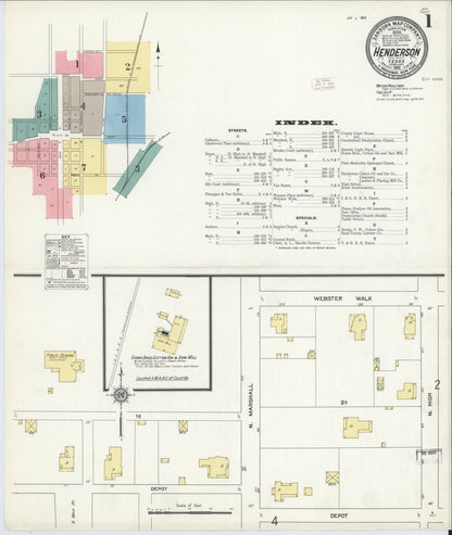 Sanborn Fire Insurance Map from Henderson, Rusk County, Texas (1912), Sheet #0001 - Complete Map Set gallery image, historic Sanborn map, vintage wall art, Texas Texas