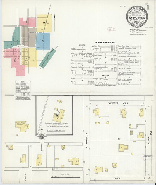 Sanborn Fire Insurance Map from Henderson, Rusk County, Texas (1912), Sheet #0001 - Complete Map Set gallery image, historic Sanborn map, vintage wall art, Texas Texas