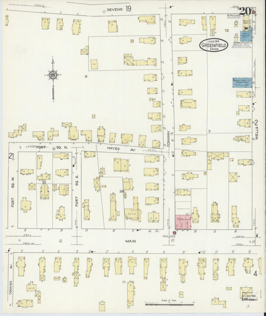 Sanborn Fire Insurance Map from Greenfield, Franklin County, Massachusetts (1914), Sheet #0020 - Historic Sanborn Fire Insurance Map Print, vintage old map wall art, antique decor, genealogy gift, Massachusetts Massachusetts map