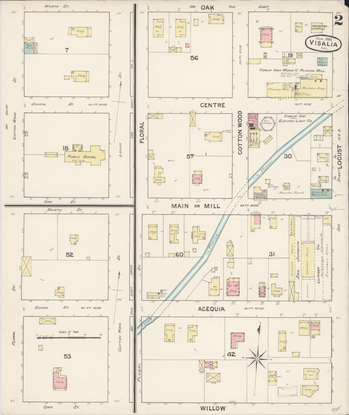 Sanborn Fire Insurance Map from Visalia, Tulare County, California (1888), Sheet #0002 - Complete Map Set gallery image, historic Sanborn map, vintage wall art, California California