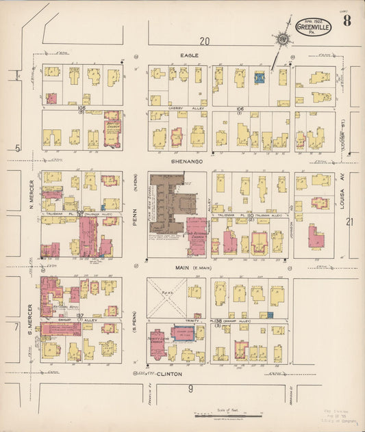 Sanborn Fire Insurance Map from Greenville, Mercer County, Pennsylvania (1922), Sheet #0008 - Historic Sanborn Fire Insurance Map Print, vintage old map wall art, antique decor, genealogy gift, Pennsylvania Pennsylvania map