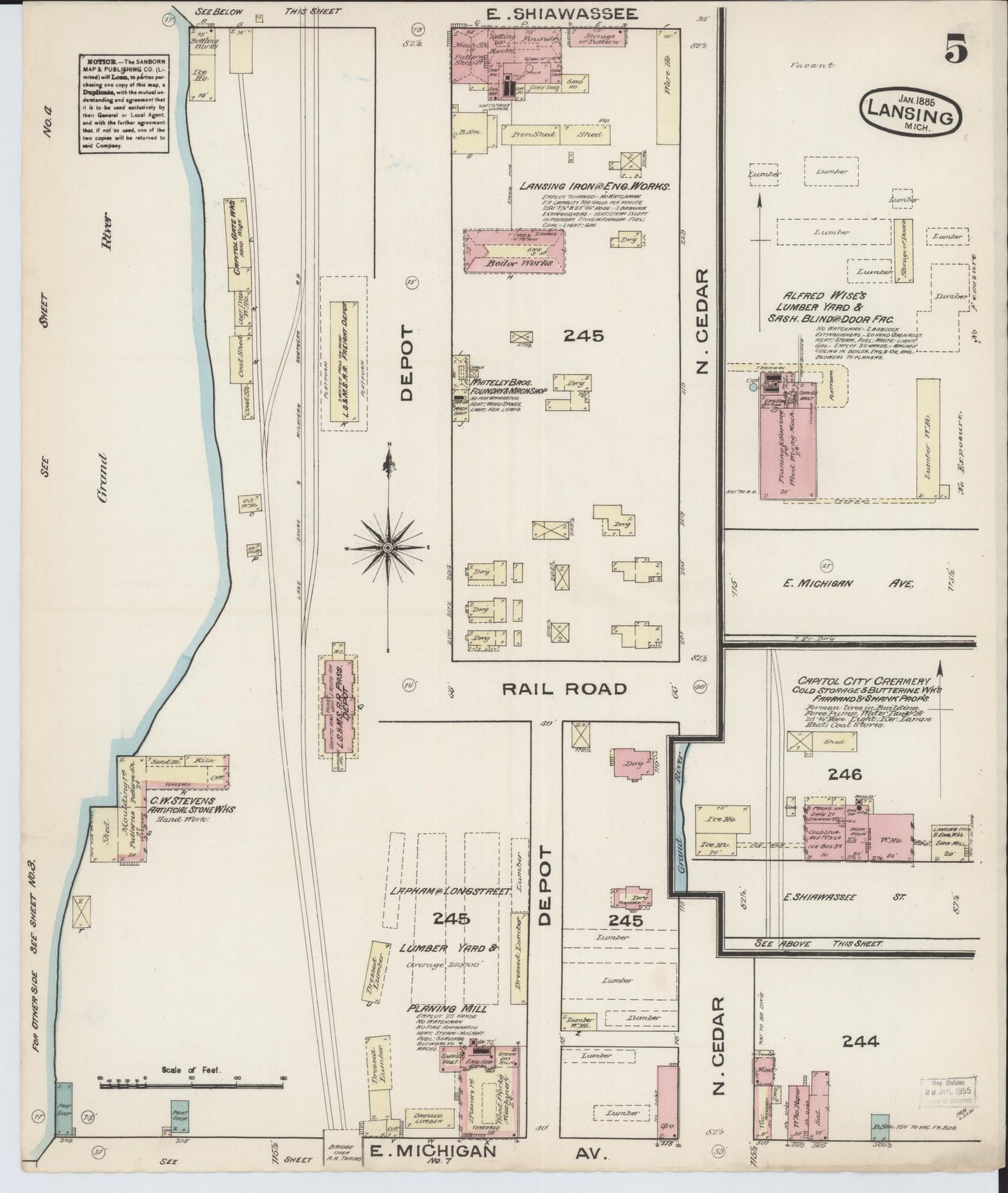 Sanborn Fire Insurance Map from Lansing, Ingham County, Michigan (1885), Sheet #0005 - Complete Map Set gallery image, historic Sanborn map, vintage wall art, Michigan Michigan