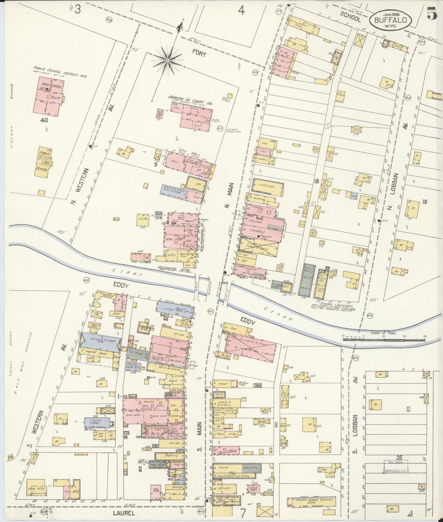 Sanborn Fire Insurance Map from Buffalo, Johnson County, Wyoming (1908), Sheet #0005 - Complete Map Set gallery image, historic Sanborn map, vintage wall art, Wyoming Wyoming