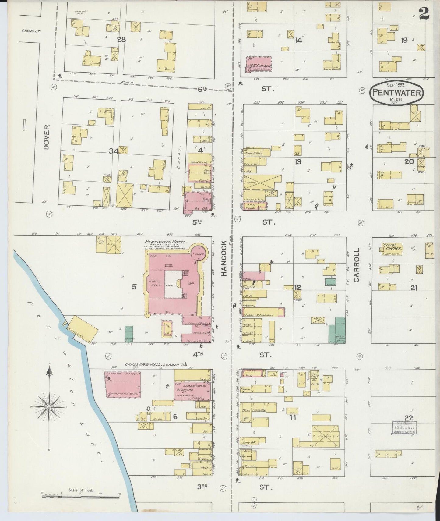 Sanborn Fire Insurance Map from Pentwater, Oceana County, Michigan (1892), Sheet #0002 - Historic Sanborn Fire Insurance Map Print, vintage old map wall art, antique decor, genealogy gift, Michigan Michigan map