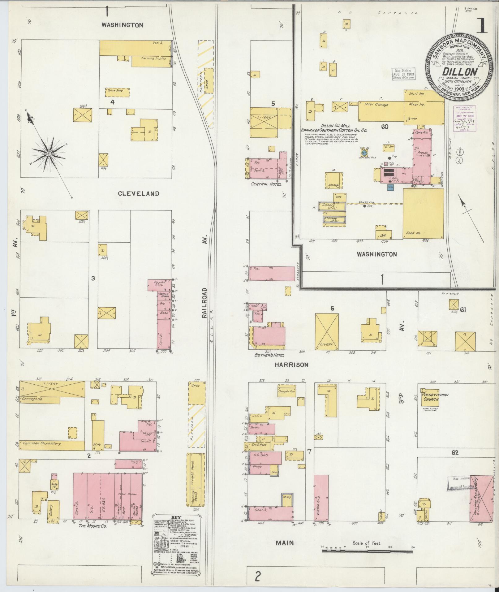 Sanborn Fire Insurance Map from Dillon, Dillon County, South Carolina (1903), Sheet #0001 - Historic Sanborn Fire Insurance Map Print, vintage old map wall art, antique decor, genealogy gift, South Carolina South Carolina map
