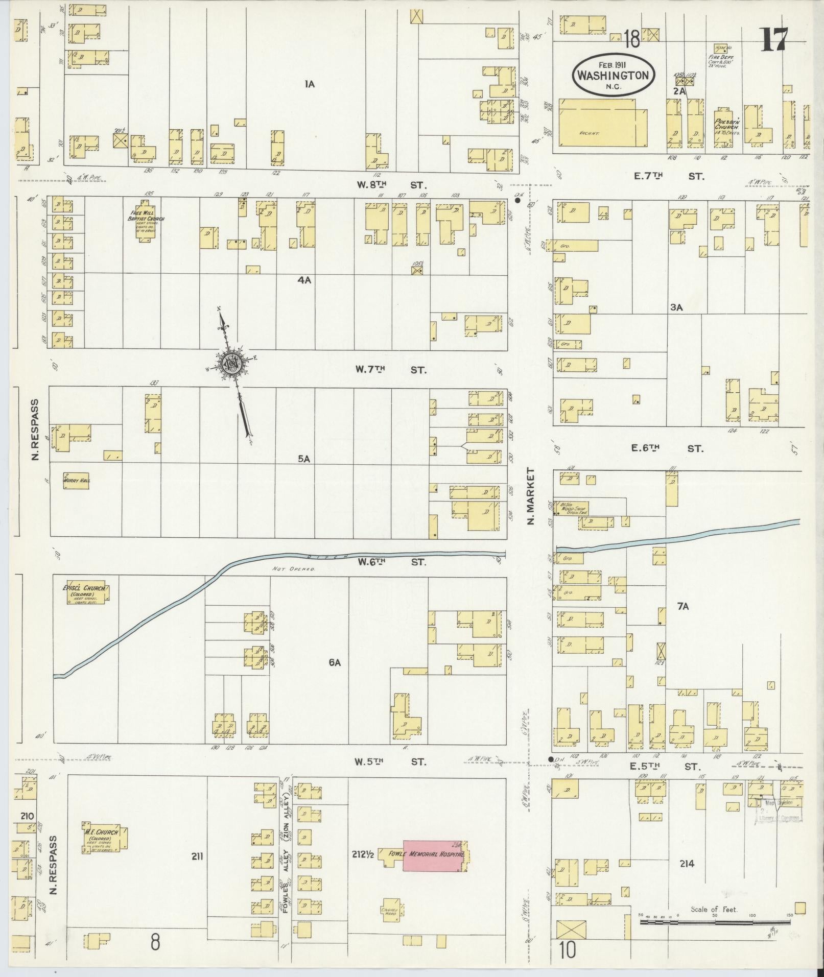 Sanborn Fire Insurance Map from Washington, Beaufort County, North Carolina (1911), Sheet #0017 - Historic Sanborn Fire Insurance Map Print, vintage old map wall art, antique decor, genealogy gift, Washington Washington map