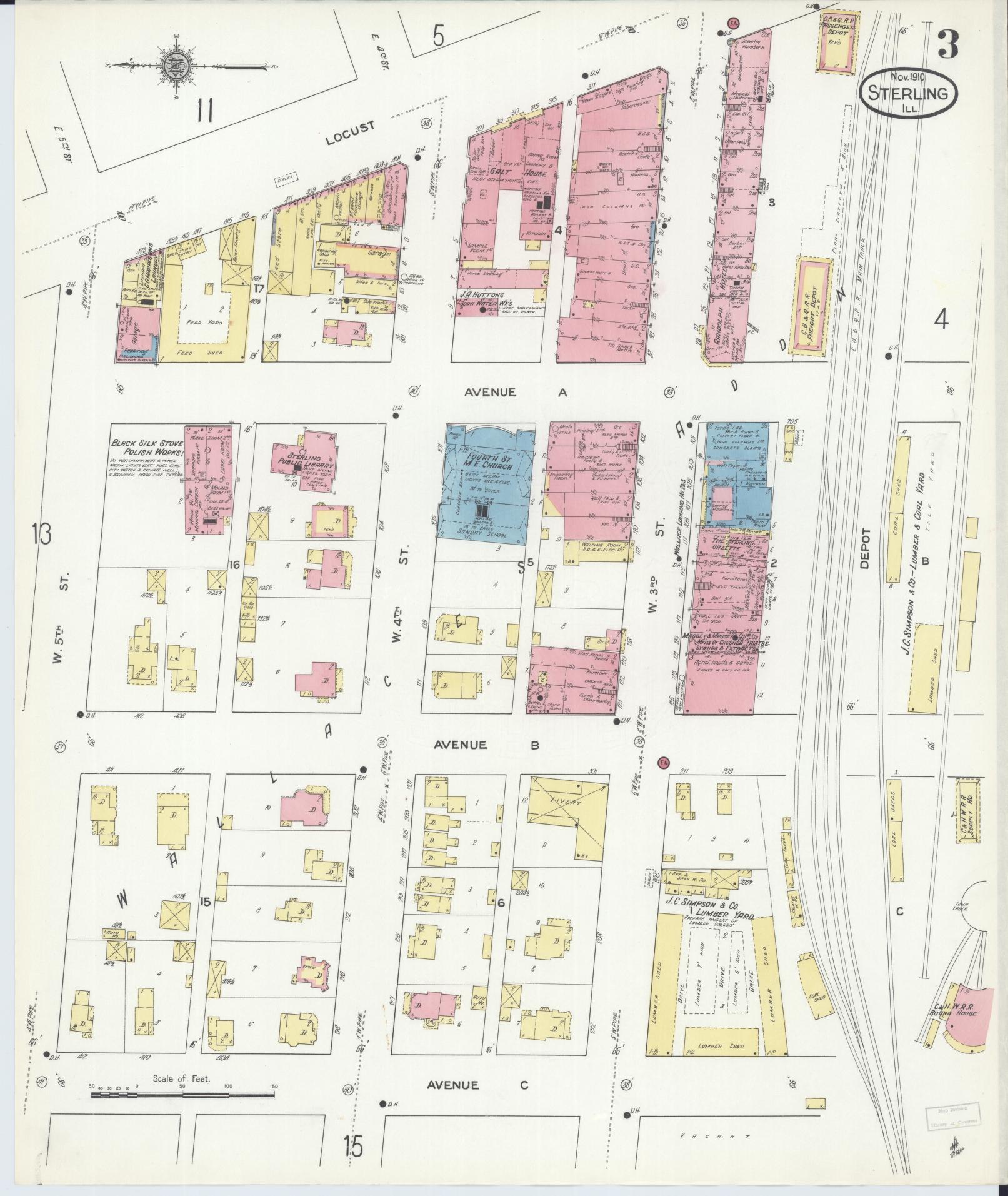 Sanborn Fire Insurance Map from Sterling, Whiteside County, Illinois (1910), Sheet #0003 - Complete Map Set gallery image, historic Sanborn map, vintage wall art, Illinois Illinois
