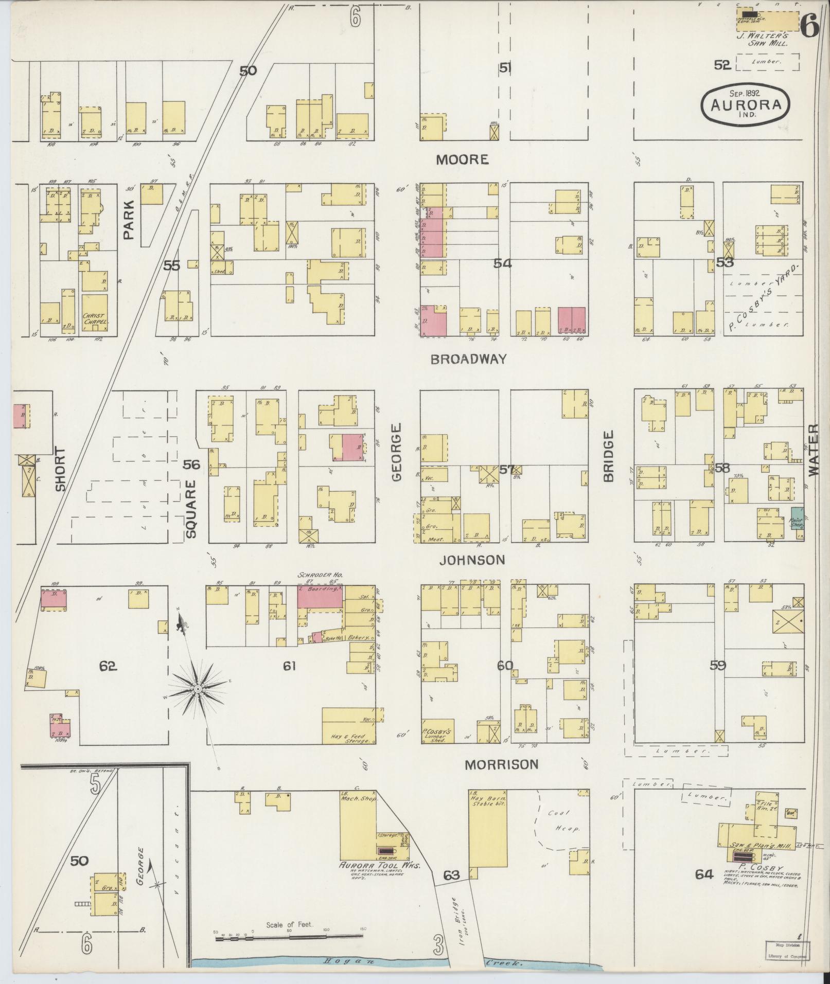 Sanborn Fire Insurance Map from Aurora, Dearborn County, Indiana (1892), Sheet #0006 - Complete Map Set gallery image, historic Sanborn map, vintage wall art, Indiana Indiana