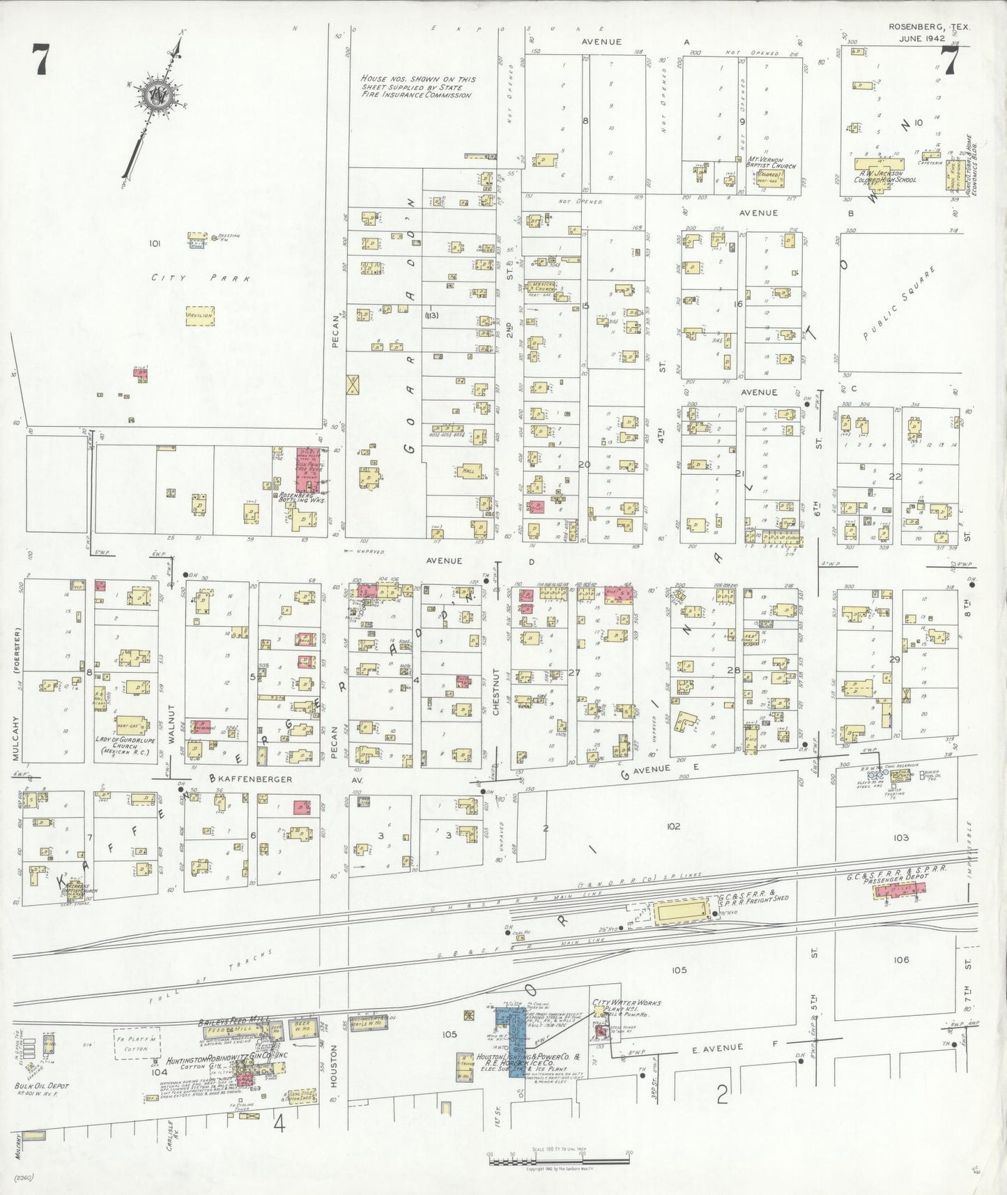 Sanborn Fire Insurance Map from Rosenberg, Fort Bend County, Texas (1942), Sheet #0007 - Historic Sanborn Fire Insurance Map Print, vintage old map wall art, antique decor, genealogy gift, Texas Texas map