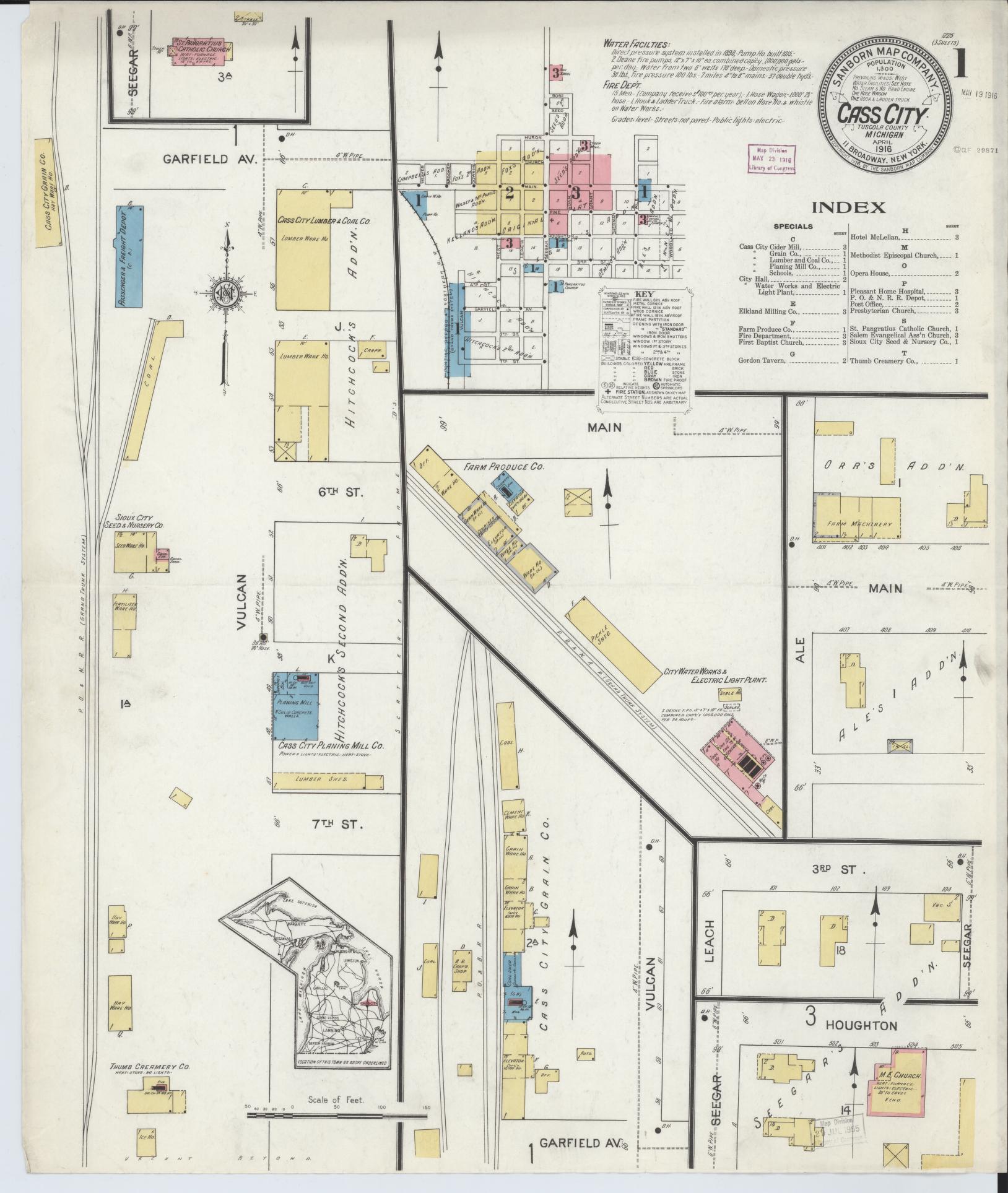 Sanborn Fire Insurance Map from Cass City, Tuscola County, Michigan (1916), Sheet #0001 - Historic Sanborn Fire Insurance Map Print, vintage old map wall art, antique decor, genealogy gift, Michigan Michigan map