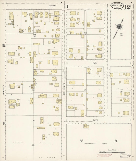 Sanborn Fire Insurance Map from Hollister, San Benito County, California (1910), Sheet #0012 - Historic Sanborn Fire Insurance Map Print, vintage old map wall art, antique decor, genealogy gift, California California map