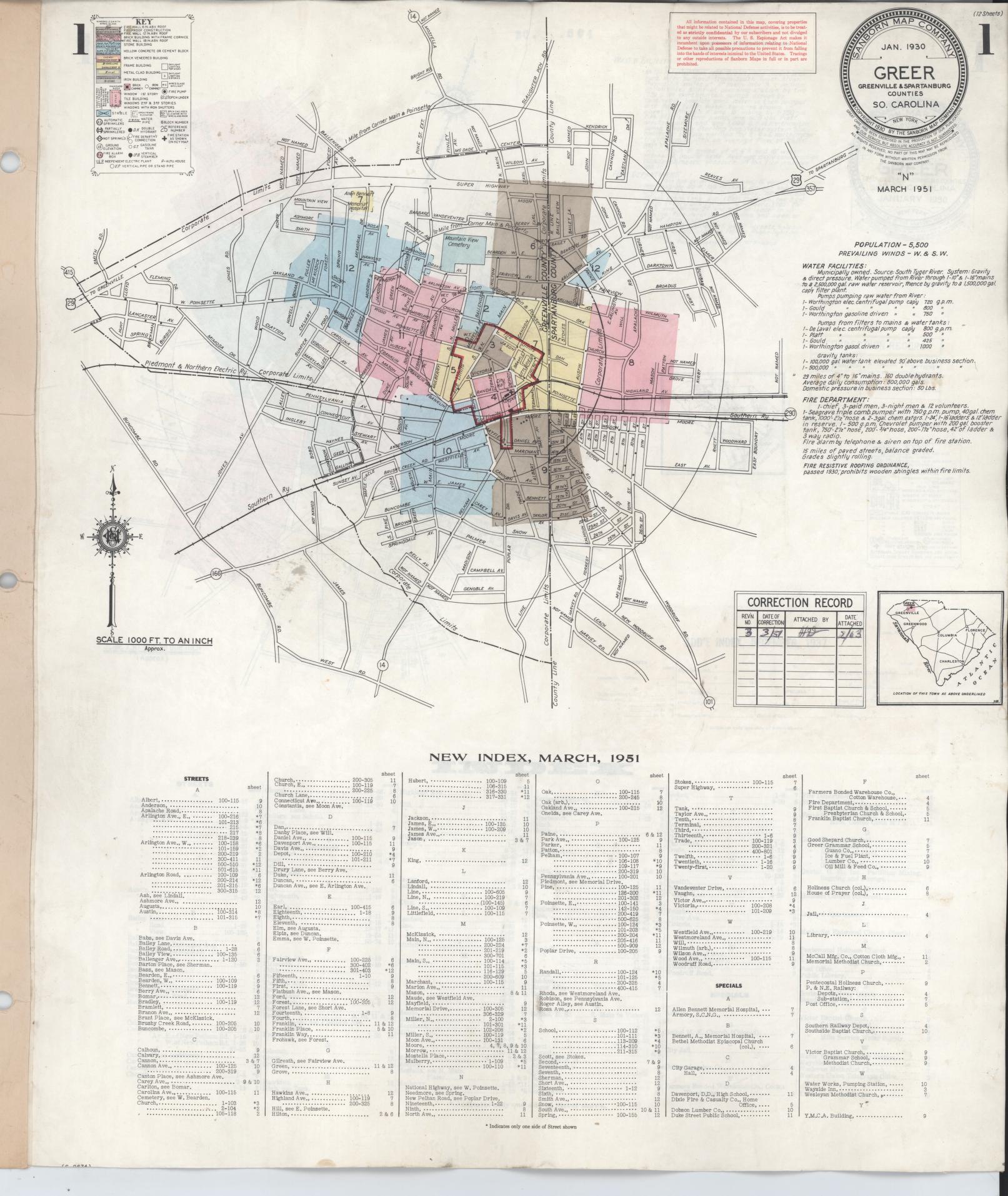 Sanborn Fire Insurance Map from Greer, Greenville and Spartanburg Counties, South Carolina (1951), Sheet #0001 - Historic Sanborn Fire Insurance Map Print, vintage old map wall art, antique decor, genealogy gift, South Carolina South Carolina map