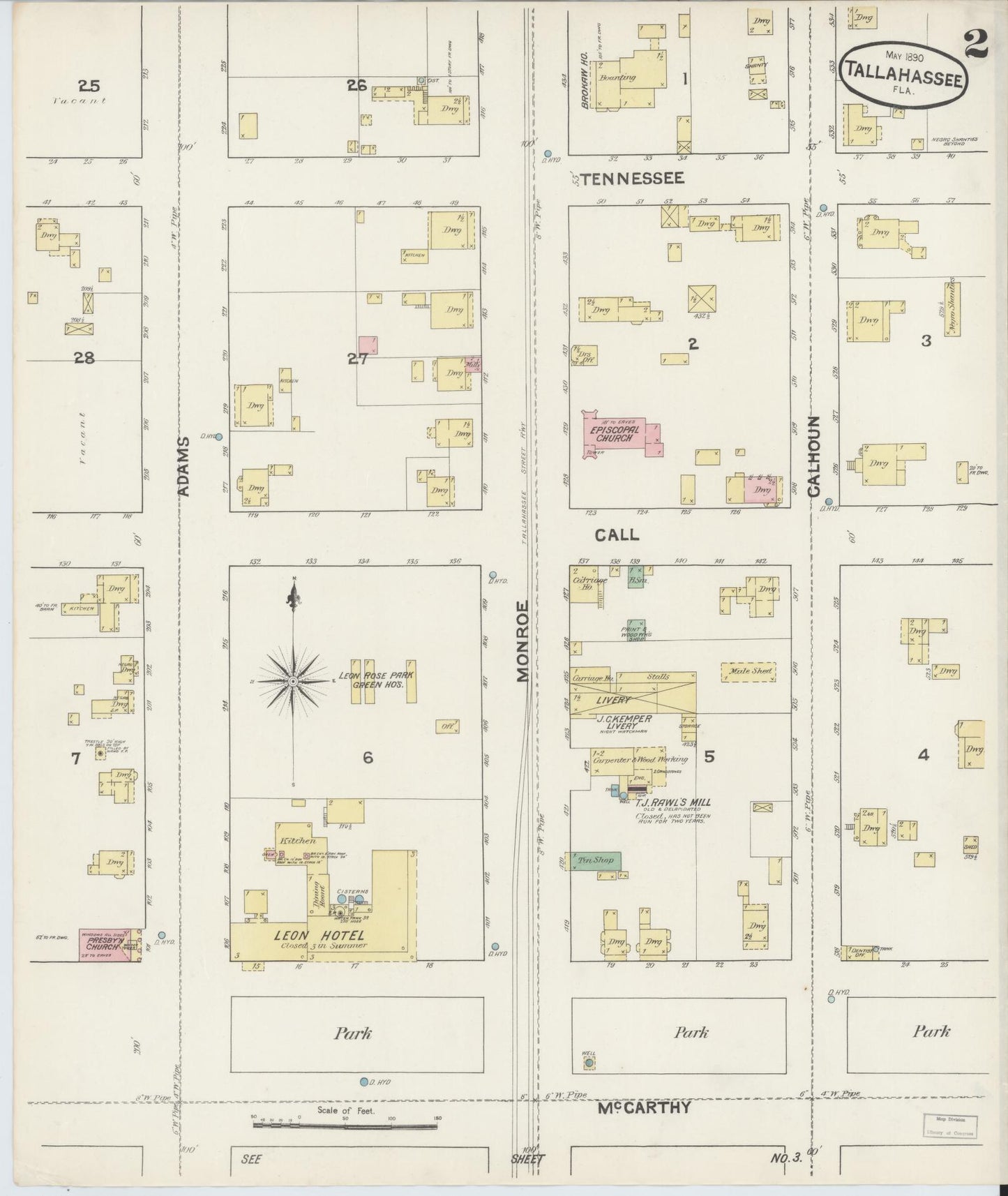 Sanborn Fire Insurance Map from Tallahassee, Leon County, Florida (1890), Sheet #0002 - Historic Sanborn Fire Insurance Map Print, vintage old map wall art, antique decor, genealogy gift, Florida Florida map