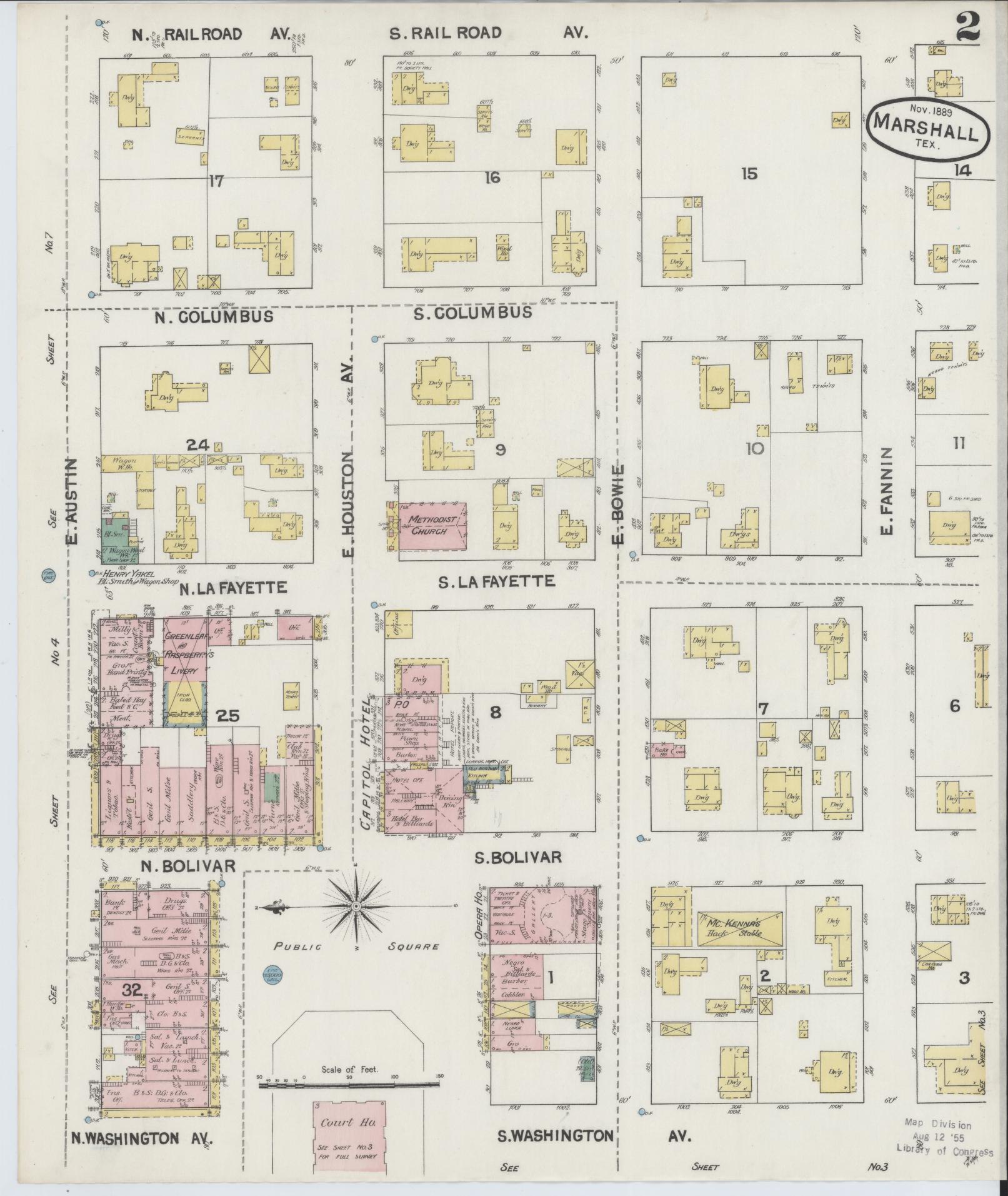 Sanborn Fire Insurance Map from Marshall, Harrison County, Texas (1889), Sheet #0002 - Historic Sanborn Fire Insurance Map Print, vintage old map wall art, antique decor, genealogy gift, Texas Texas map
