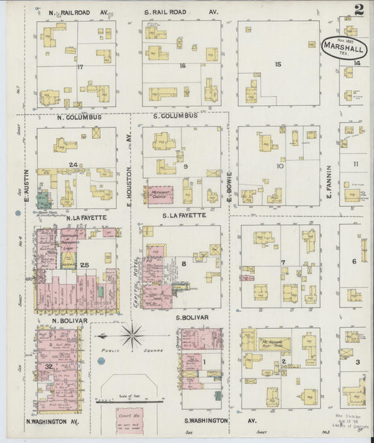 Sanborn Fire Insurance Map from Marshall, Harrison County, Texas (1889), Sheet #0002 - Historic Sanborn Fire Insurance Map Print, vintage old map wall art, antique decor, genealogy gift, Texas Texas map