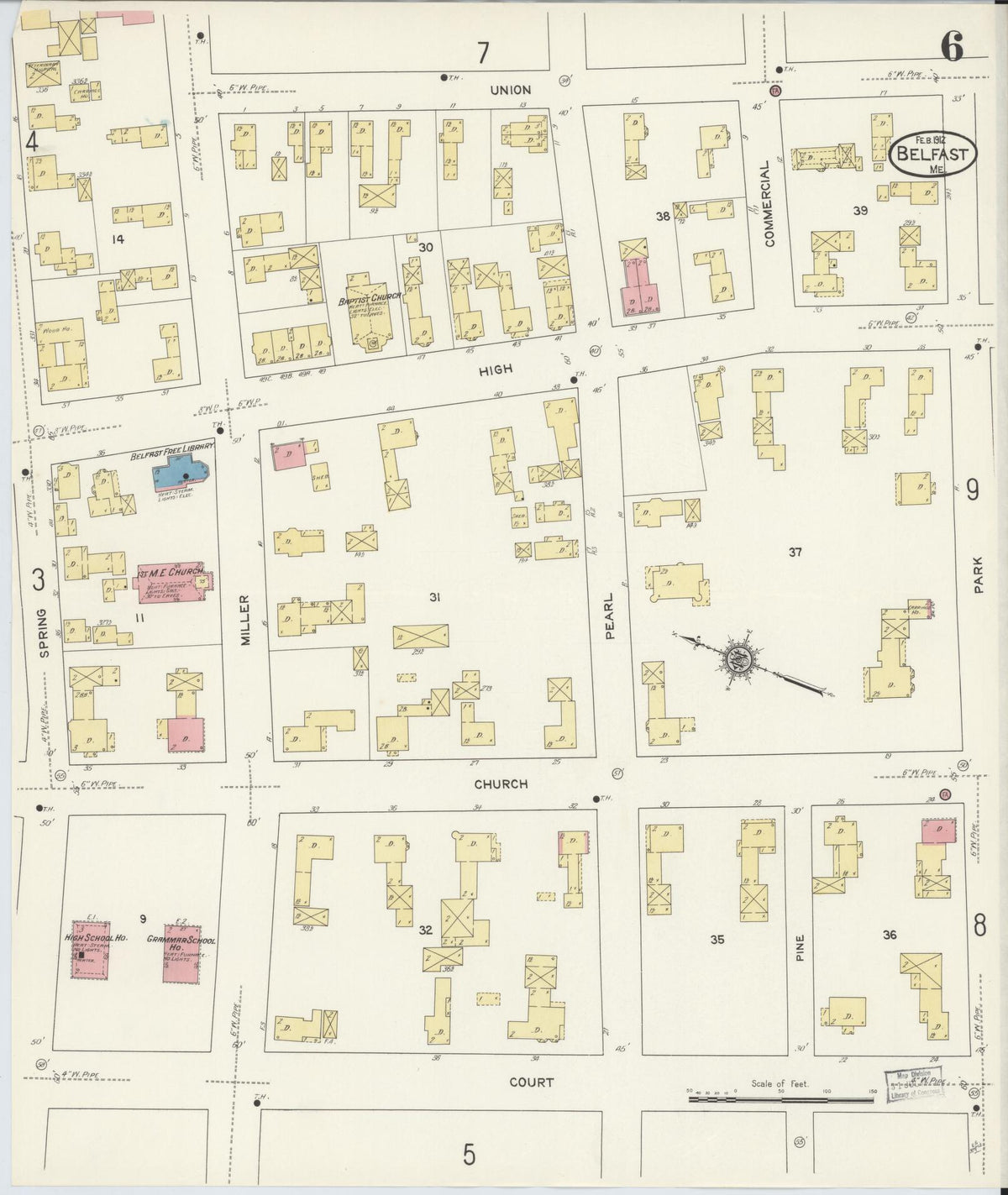 Sanborn Fire Insurance Map from Belfast, Waldo County, Maine (1912), Sheet #0006 - Historic Sanborn Fire Insurance Map Print, vintage old map wall art, antique decor, genealogy gift, Maine Maine map