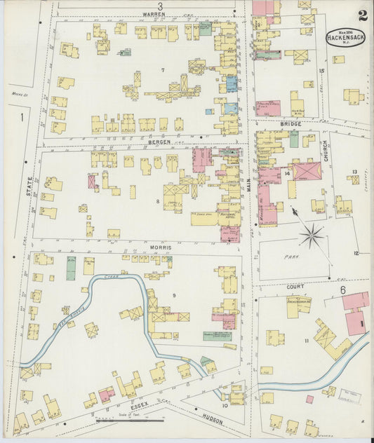 Sanborn Fire Insurance Map from Hackensack, Bergen County, New Jersey (1896), Sheet #0002 - Historic Sanborn Fire Insurance Map Print, vintage old map wall art, antique decor, genealogy gift, New Jersey New Jersey map