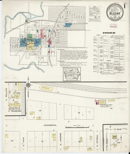 Sanborn Fire Insurance Map from Algona, Kossuth County, Iowa (1913), Sheet #0001 - Historic Sanborn Fire Insurance Map Print, vintage old map wall art