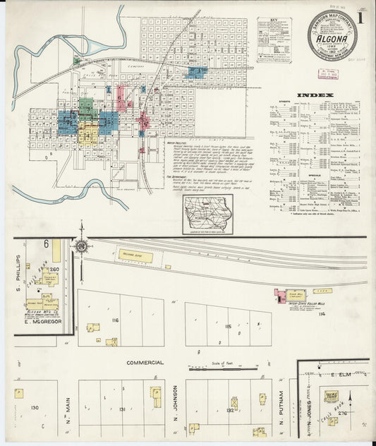 Sanborn Fire Insurance Map from Algona, Kossuth County, Iowa (1913), Sheet #0001 - Historic Sanborn Fire Insurance Map Print, vintage old map wall art