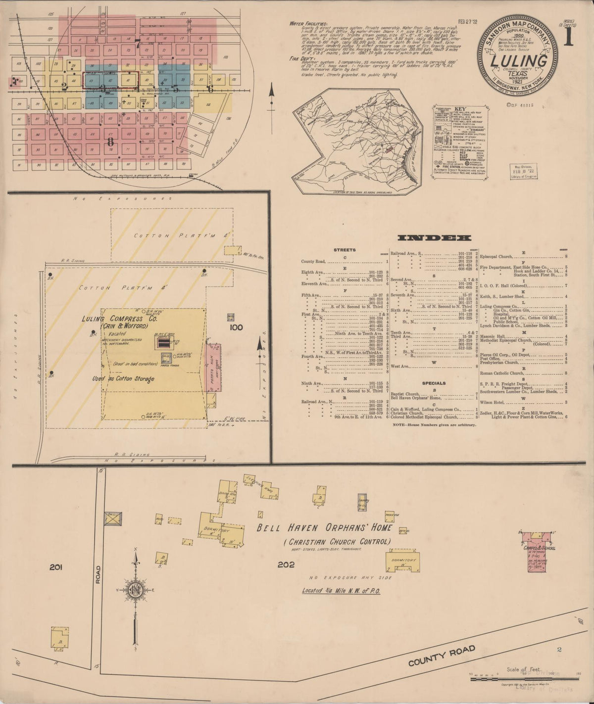 Sanborn Fire Insurance Map from Luling, Caldwell County, Texas (1921), Sheet #0001 - Historic Sanborn Fire Insurance Map Print, vintage old map wall art, antique decor, genealogy gift, Texas Texas map
