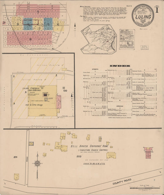 Sanborn Fire Insurance Map from Luling, Caldwell County, Texas (1921), Sheet #0001 - Historic Sanborn Fire Insurance Map Print, vintage old map wall art, antique decor, genealogy gift, Texas Texas map