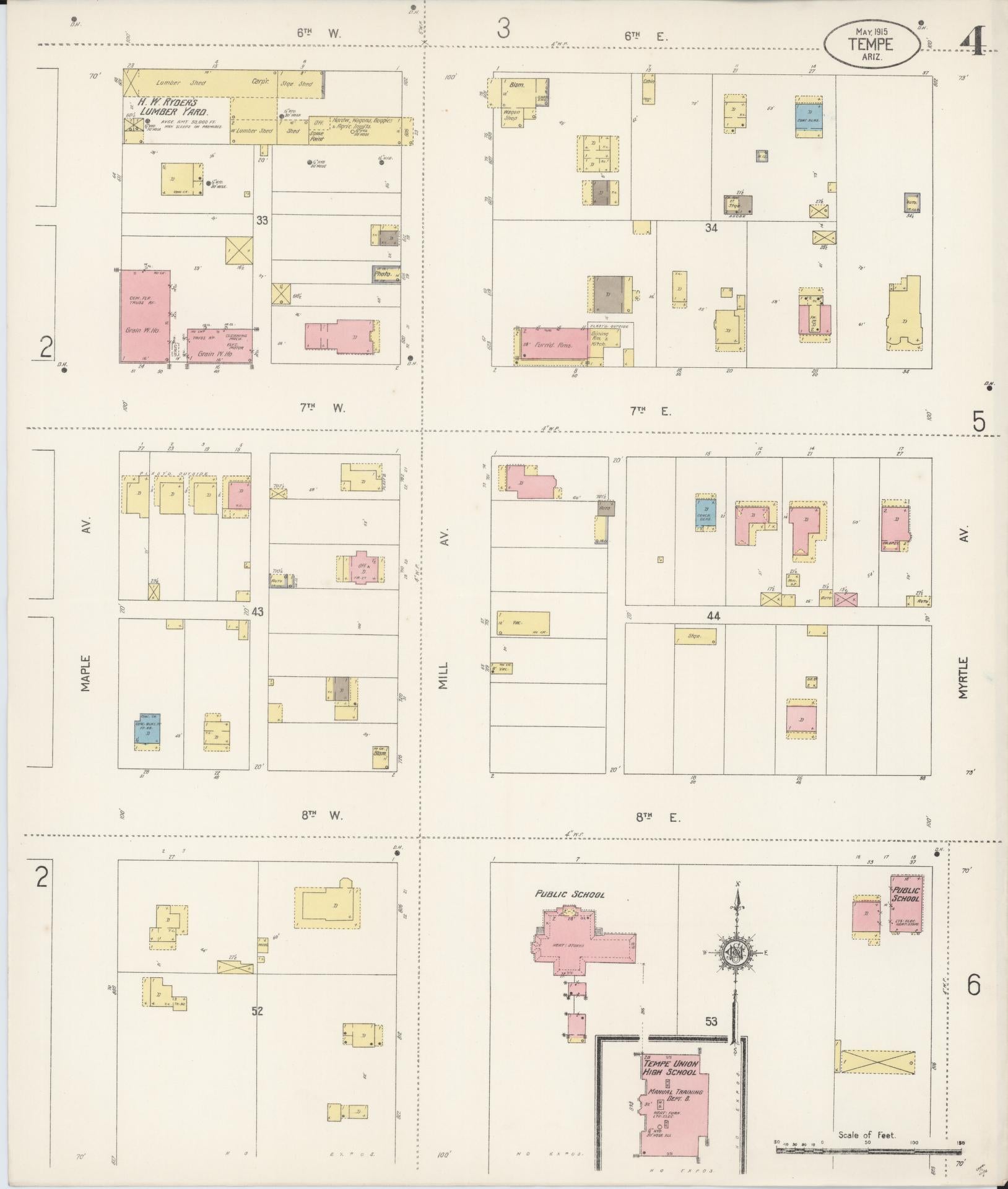 Sanborn Fire Insurance Map from Tempe, Maricopa County, Arizona (1915), Sheet #0004 - Historic Sanborn Fire Insurance Map Print, vintage old map wall art, antique decor, genealogy gift, Arizona Arizona map