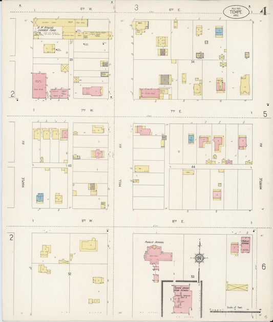 Sanborn Fire Insurance Map from Tempe, Maricopa County, Arizona (1915), Sheet #0004 - Historic Sanborn Fire Insurance Map Print, vintage old map wall art, antique decor, genealogy gift, Arizona Arizona map